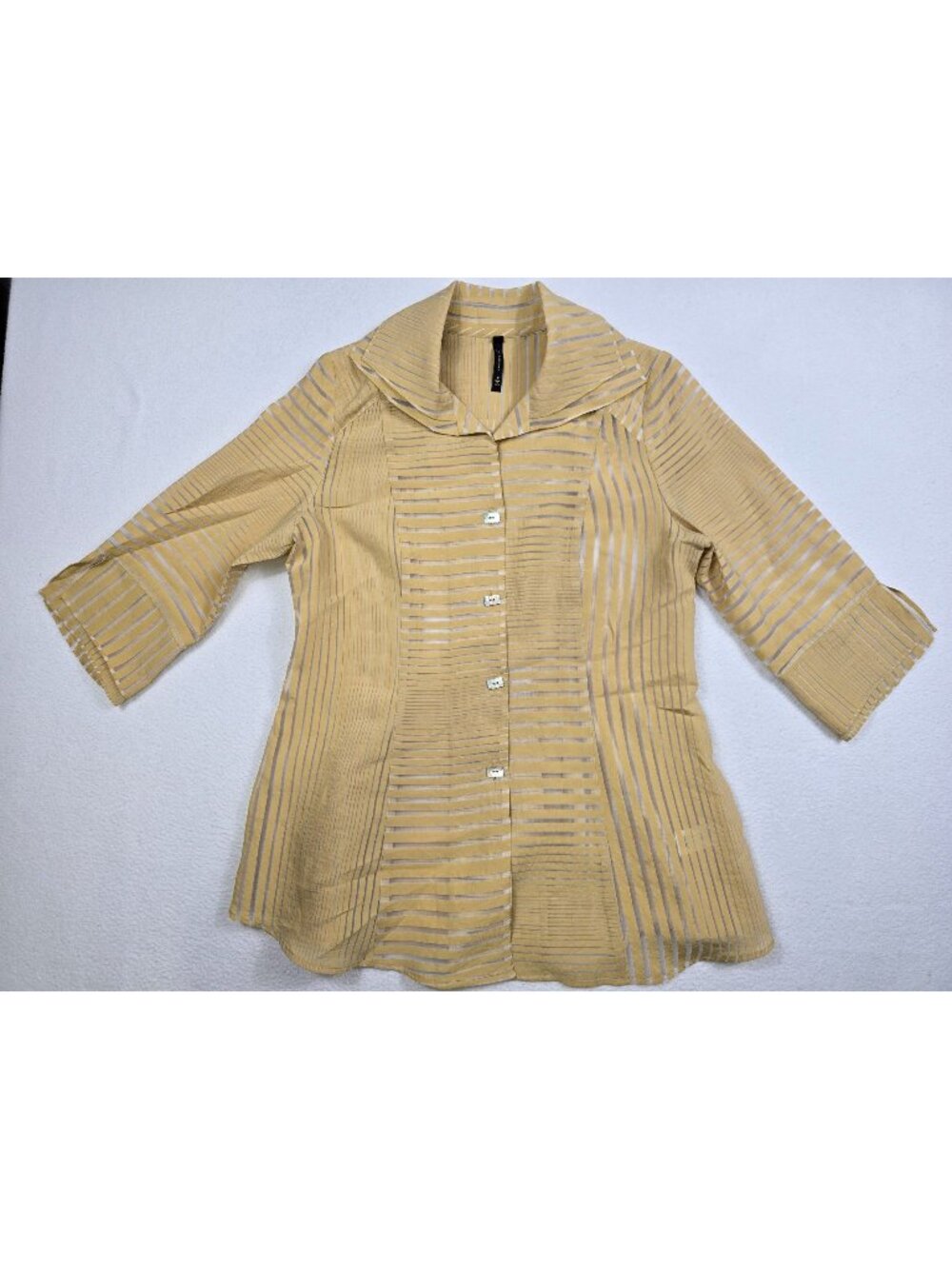 IC By Connie K Bamboo Medium  Artsy Striped Button-Up Shirt Lagenlook Sheer